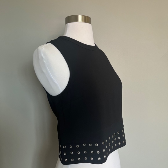 A.L.C. Black Crepe Henson Eyelets Sleeveless Cocktail Studded Crop Top Blouse 2 - Picture 8 of 13